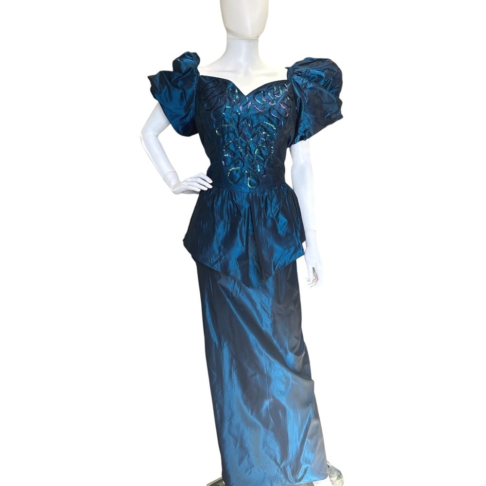 Vintage 80s Iridescent Blue Taffeta Long Sequined Prom Gown Dress JC Penney